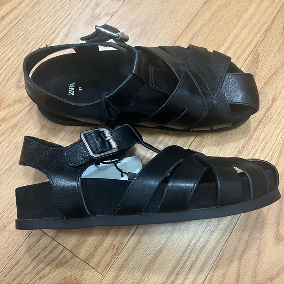 Zara Black Leather Fisherman Sandals - Picture 3 of 8